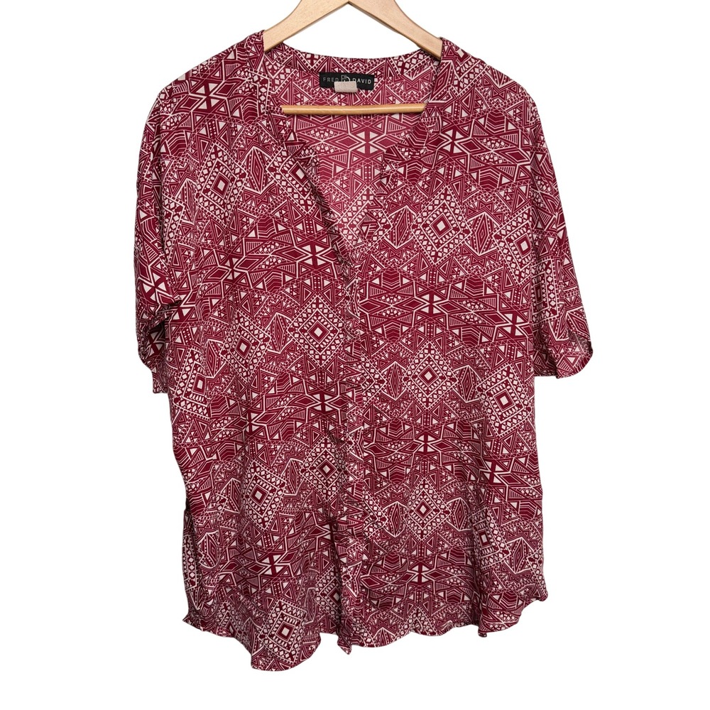 Fred David Geometric Blouse 2X V-Neck Red White Boho Top Office Casual Flowy